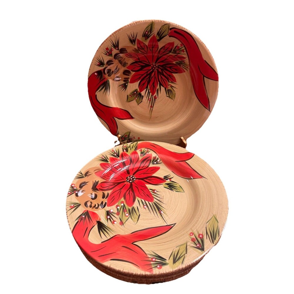 DiningStyle Red Poinsettia Christmas HandPainted 8.5" SALAD Plate A SET OF 5